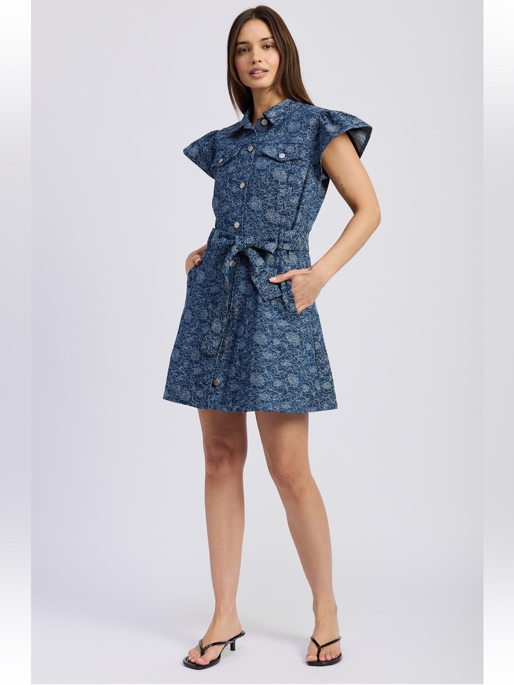 En Saison Indigo Denim Printed Tie-Waist Mini Dress